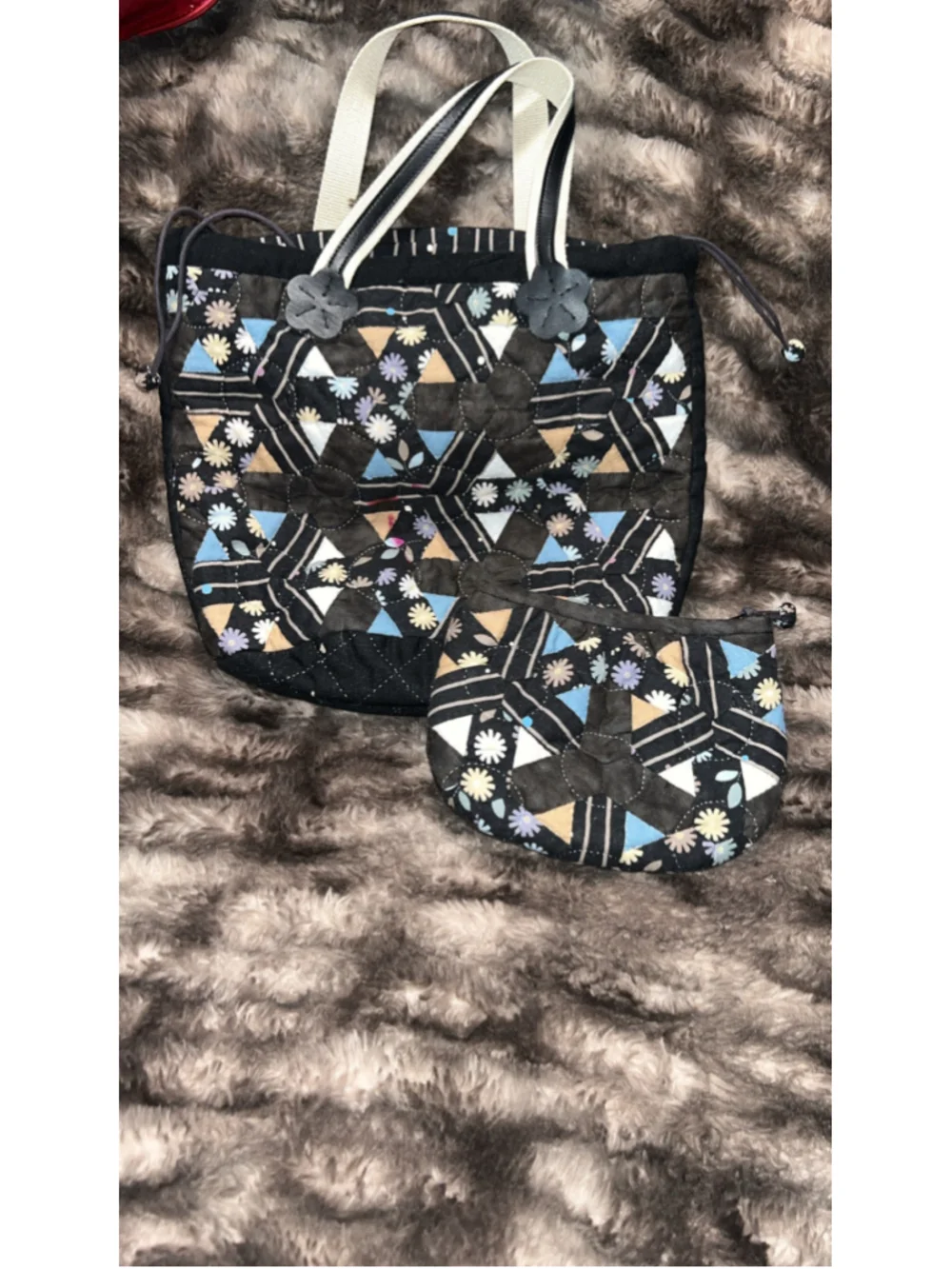 Women's Unbranded Quilted Floral Tote Bag Set, One Size, Black and Blue